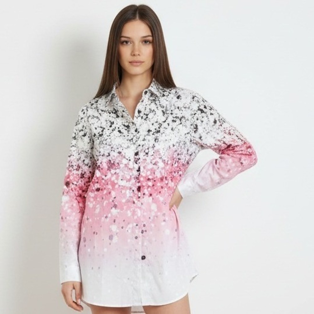 MISSLOOK Pink & White Gray Ombré Long Sleeve Top‎ Women's XL Button Front NWOT
